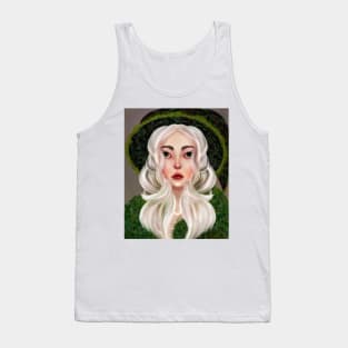 Forest Witch Illustration Fern Witch Hat White Hair Green Eyes Stars and Crescent Moon Tank Top